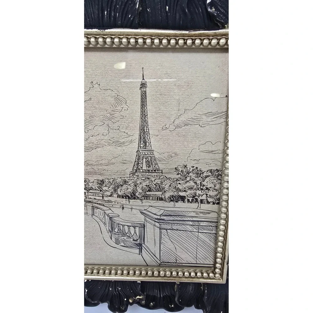 Paris Eiffel Tower ink sketch framed art black gold ornate scalloped frame